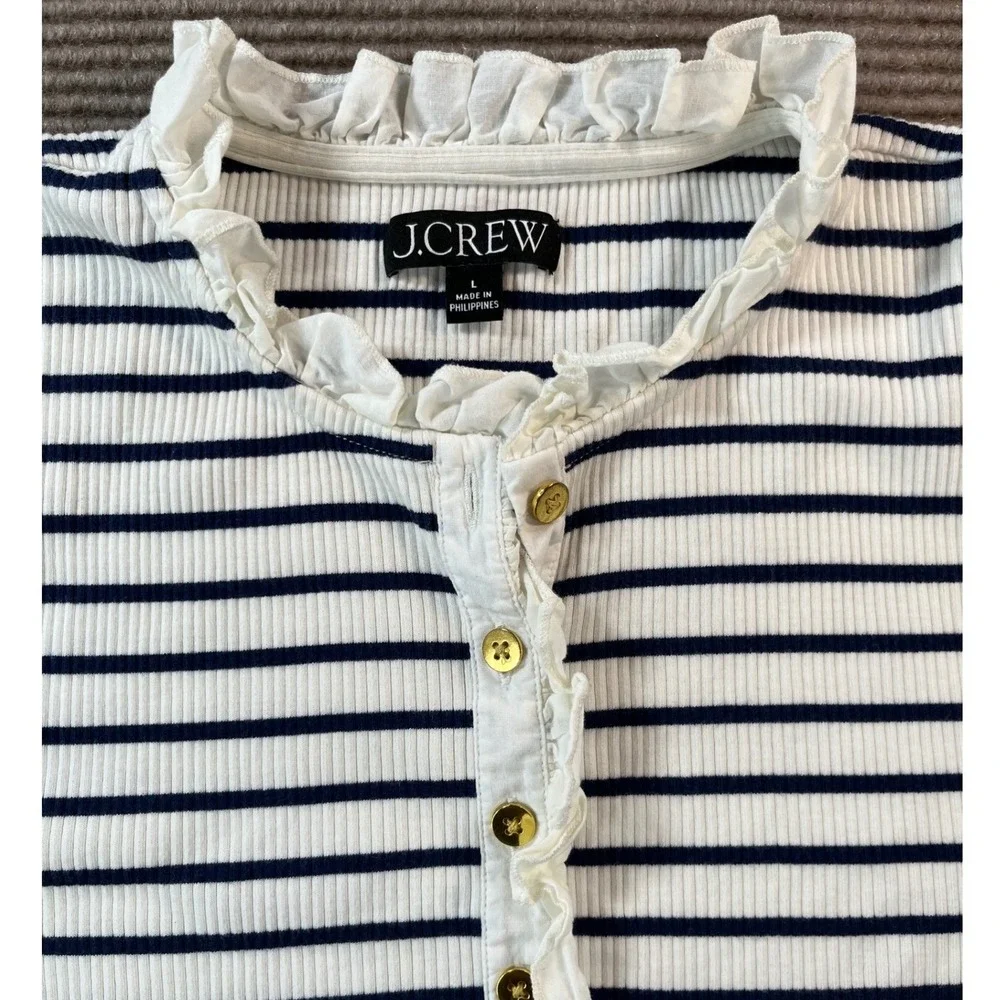 J.Crew Womens Navy White Striped Ruffle Neck Henley Top Gold Buttons Sz Large